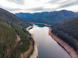 Aerial view at water reservoir of Detroit Dam