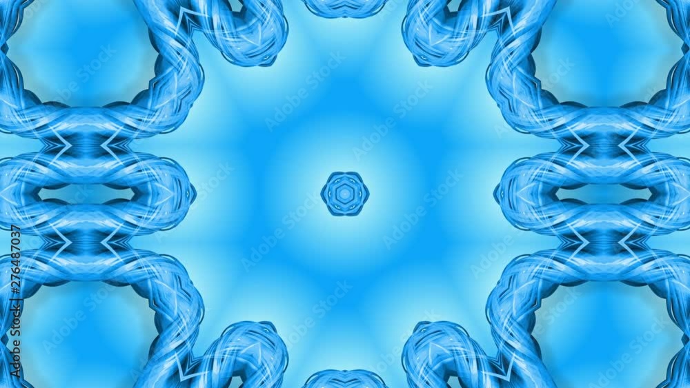 Poster abstract snowflake in motion of the blue lines of ribbons on a blue background. kaleidoscopic effect