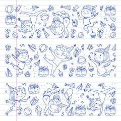 Vector illustration in cartoon style, active company of playful preschool kids jumping, at a party, birthday. drawn by pen on exercise notebook.