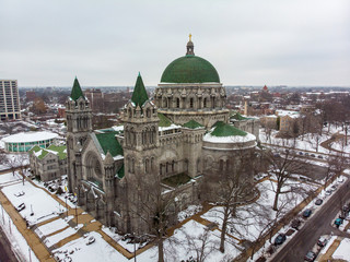 St Louis, Missouri \ USA - January 26 2019: Aerial view of The Cathedral Basilica of Saint Louis after a snowfall