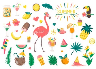 Set of cute summer icons: food, drinks, palm leaves, fruits and flamingo. Bright summertime poster. Collection of scrapbooking elements for beach party.