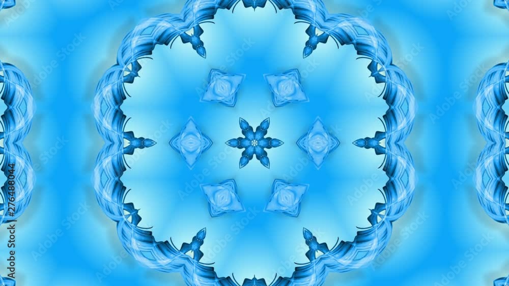 Poster abstract snowflake in motion of the blue lines of ribbons on a blue background. kaleidoscopic effect