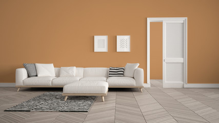 Modern living room with white sofa and carpet, orange wall background with open door, herrigbone parquet, template background with copy space, interior design concept idea