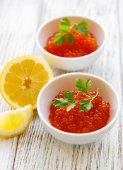 Red caviar in bowls