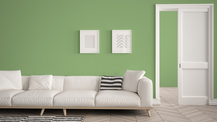 Modern living room with white sofa and carpet, green wall background with open door, herrigbone parquet, template background with copy space, interior design concept idea