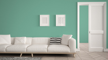 Modern living room with white sofa and carpet, turquoise wall background with open door, herrigbone parquet, template background with copy space, interior design concept idea
