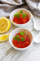 Red caviar in bowls