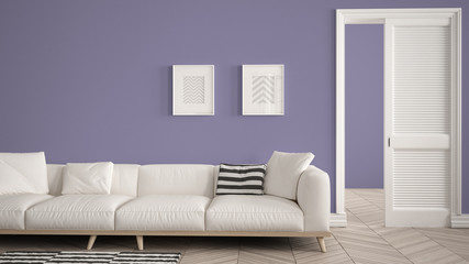 Modern living room with white sofa and carpet, purple wall background with open door, herrigbone parquet, template background with copy space, interior design concept idea