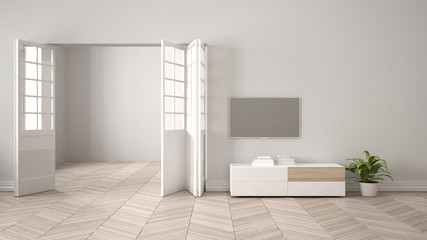Modern living room with white furniture and tv, blank wall background with open door, herrigbone parquet, template background with copy space, interior design concept idea