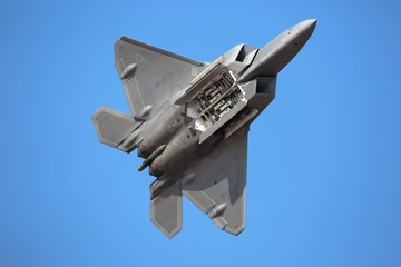 Hillsboro, Oregon \ USA - 21 September 2014: A US Air Force F-22 Raptor performs a demo at airshow...