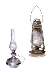 Hand-drawn watercolor illustration. Set of two vintage lamps, kerosene lamp and lantern isolated on white background. Illustration for design, background or print.