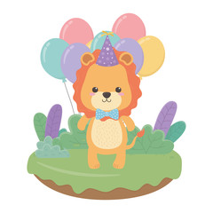 Lion cartoon with happy birthday icon design