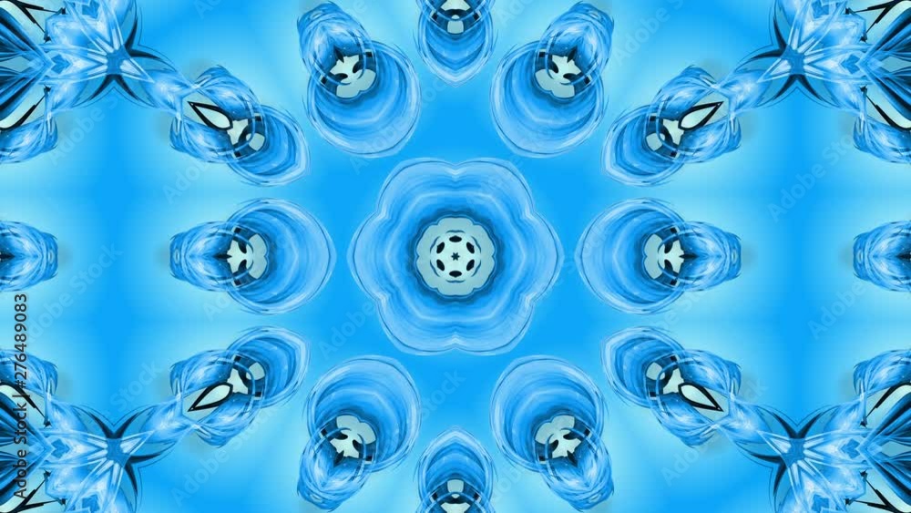 Poster abstract snowflake in motion of the blue lines of ribbons on a blue background. kaleidoscopic effect