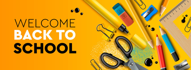 Welcome Back to school horizontal banner. First day of school, pencils and supplies on yellow background, vector illustration. © Ivan Kopylov