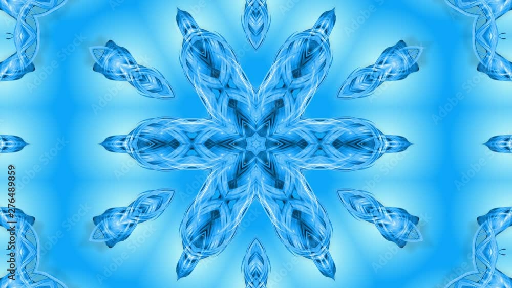 Poster abstract snowflake in motion of the blue lines of ribbons on a blue background. kaleidoscopic effect
