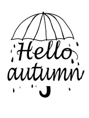 black and white graphic background with an umbrella pattern and the text hello autumn on a white background