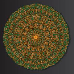 Orange-green round ethnic mandala, vector illustration on black background. Can be used for coloring book, greeting card, phone case print, etc. Islam, Arabic, Pakistan, Moroccan, Turkish motifs.