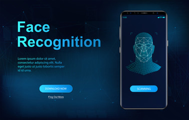 Biometric face recognition on smartphone.Face authentication identification. Facial Recognition System concept. Scan security system technology. Vector futuristic illustration
