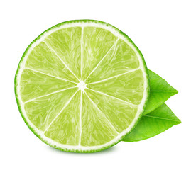 Half of lime with leaves isolated on white background.