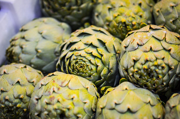 Fototapeta premium fresh vegetables close up - tomatoes, cucumber, garlic, red onion, spring onion, radish, artichokes, asparagus, eggplant, mushrooms