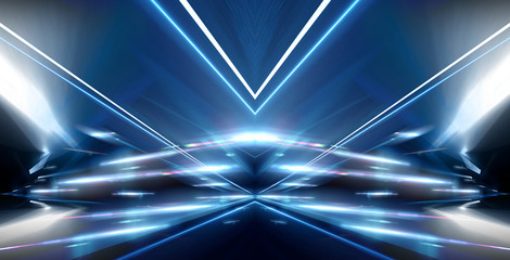 Abstract light tunnel. Night view, city lights, neon. Abstract lines and rays of neon light. Movement speed, reflection. Night scene with neon spotlights, glare. Dark abstract background with neon.