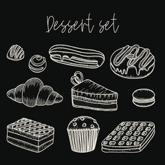 vector set of desserts: muffin, croissant, candy, waffle, Eclair, macaroon, cake, pie, donut. The engraving style.
