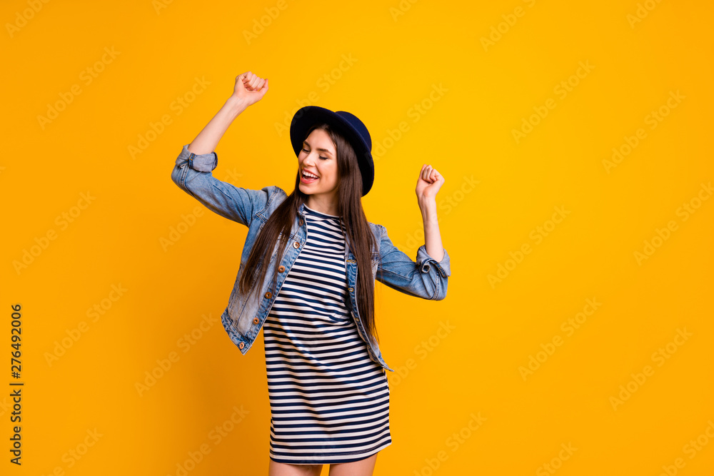 Canvas Prints Portrait of her she nice-looking winsome charming smart attractive lovely cheerful cheery straight-haired lady rejoicing having fun isolated over bright vivid shine yellow background