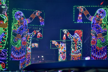 Kolkata, West Bengal, India October 2018 - Kolkata transformed into City of Lights during Durga Puja. Gorgeous lighting arrangement decor has reputation in almost all the Puja pandals and streets.