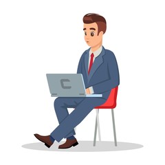 Fototapeta na wymiar Successful businessman in formal costume sitting on chair with laptop. Handsome man looking at display during waiting meeting with boss, negotiation with new business partners. Vector cartoon on white