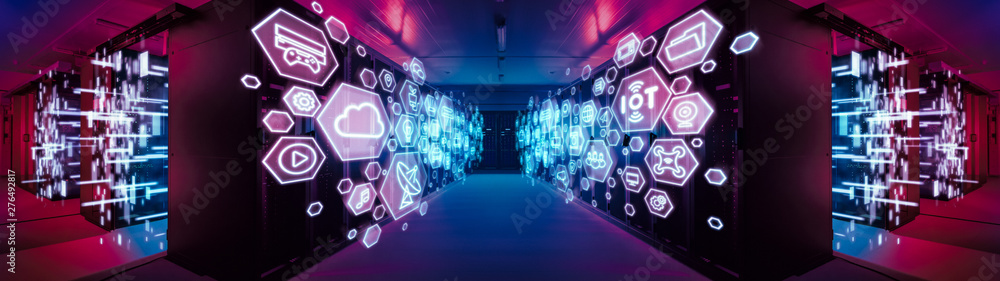 Leinwandbilder Wide-Angle Shot of a Working Data Center With Rows of Rack Servers with Different Computer Illustrative Icons and Symbols in the Foreground. Internet Technology Concept with Red Emergency Lights.