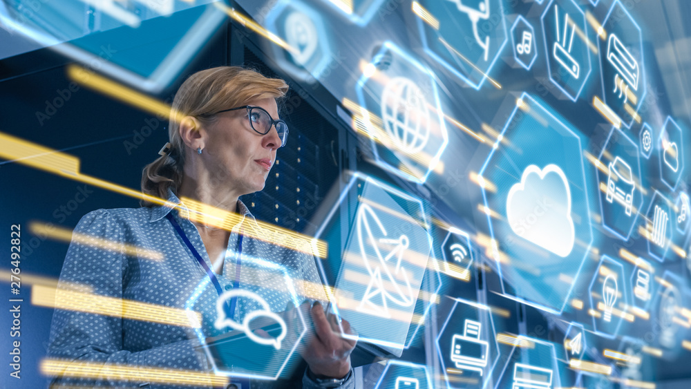 Aufkleber Female IT Server Specialist Standing in Data Center. View from Rack Server Cabinet with Cloud Server User Interface Icons and Visualization in the Foreground.