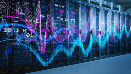 Shot of Working Data Center Full of Rack Servers and Supercomputers. Computer Calculations Concept with Different Illustrations of Statistics, Mathematics Graphs and Digits in the Foreground.