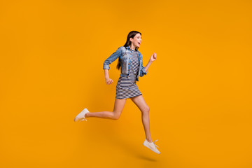 Fototapeta na wymiar Full length body size view photo of energetic nice people person hurry holidays travel good-looking scream shout dressed fashionable denim spring clothing isolated yellow background