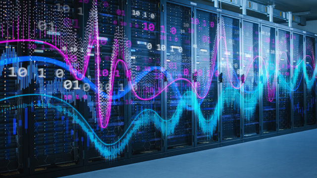 Shot of Working Data Center Full of Rack Servers and Supercomputers. Computer Calculations Concept with Different Illustrations of Statistics, Mathematics Graphs and Digits in the Foreground.