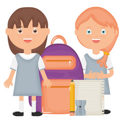 cute little students girls with schoolbag and supplies