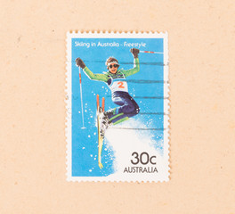 AUSTRALIA - CIRCA 1980: A stamp printed in Australia shows a woman skiing in Australia - Freestyle,...