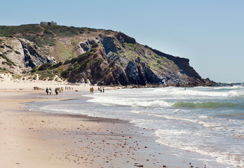 Natural lanscape of Atlantic ocean beach and group of surfers walking past sandy seaside and waves, Portugal