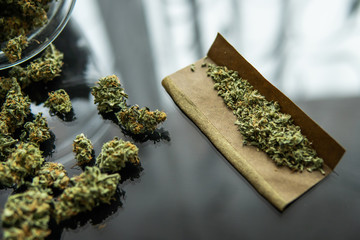 Blunt and Lighters. Cannabis buds in hand on black background Background for Copy space. Close up....