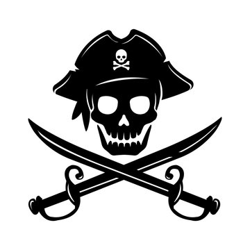 Pirate skull emblem illustration with crossed sabers. 