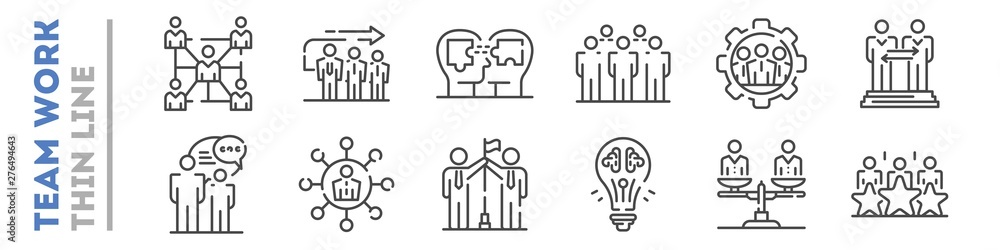 Wall mural set of thin line icons about team work isolated on white. outline human resources management pictogr