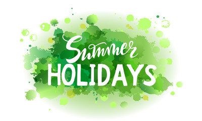 Vector illustration Summer holidays on abstract spot green watercolor background. Color herbal splashing isolated in the paper. watercolor print for clothes. Bright green blot for design and backgroun