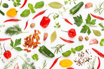 Spice herbal leaves and chili pepper on white background. Vegetables pattern. Floral and vegetables on white background. Top view, flat lay.