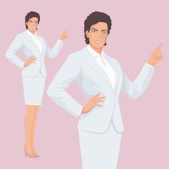 Beautiful Elegant Business Woman. Pointing Hand. Successful people. Adult person. Vector Illustration.
