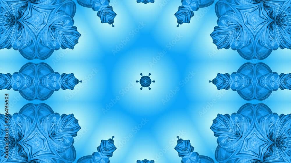 Poster abstract snowflake in motion of the blue lines of ribbons on a blue background. kaleidoscopic effect