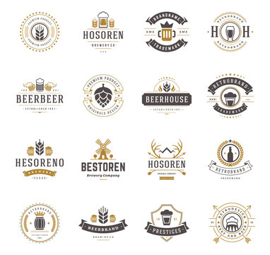 Set beer logos badges and labels vintage style vector illustration.