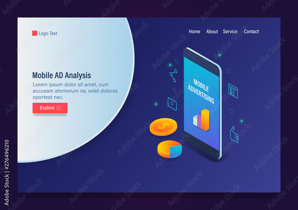 Poster mobile analytics, marketing and advertising data analysis, 3d style isometric design template with i