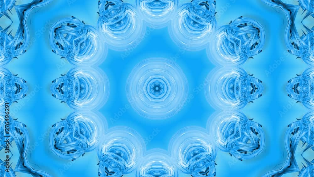 Poster abstract snowflake in motion of the blue lines of ribbons on a blue background. kaleidoscopic effect