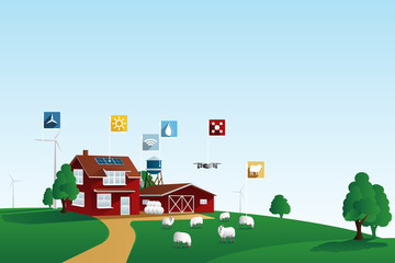 Modern smart farm using renewable energy. Digital agriculture. Vector illustration 