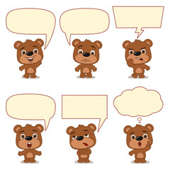 Set of funny bear in cartoon style with speech bubbles in different emotions
