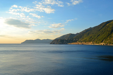 Panoramic View (Panorama) of Sunset in Mediterranean Sea - View from Manarola, Cinque terre (Italy)